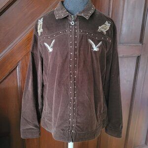 Vintage CD Sport Embroidered Owls Rhinestone  Brown Corduroy Full Zip XL